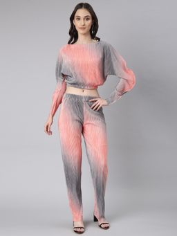 SHOWOFF - Women Long Sleeves Boat Neck Coral Dyed Co-Ord (Set of 2)