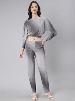SHOWOFF - Women Long Sleeves Boat Neck Grey Dyed Co-Ord (Set of 2)