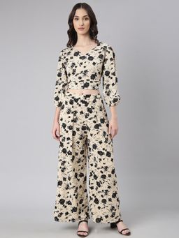 SHOWOFF - Women Three Fourth Sleeves V-Neck Beige Printed Co-Ord (Set of 2)