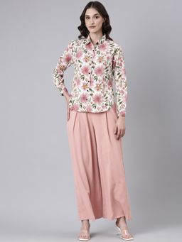 SHOWOFF - Women Long Sleeves Shirt Collar Peach Printed Co-Ord (Set of 2)