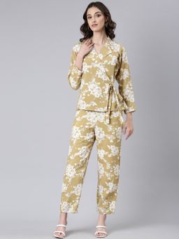 SHOWOFFFF - Women Long Sleeves Notched Lapel Mustard Printed Co-Ord (Set of 2)
