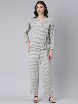 SHOWOFF - Women Long Sleeves Notched Lapel Cream Printed Co-Ord (Set of 2)