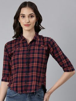SHOWOFFFF - Women's Three Fourth Sleeves Spread Collar Checked Navy Blue Slim Fit Shirt