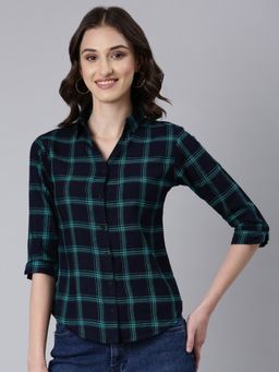 SHOWOFFFF - Women's Three Fourth Sleeves Spread Collar Checked Navy Blue Slim Fit Shirt