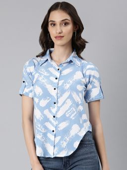 SHOWOFFFF - Women's Short Sleeves Spread Collar Printed Blue Slim Fit Shirt