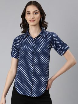 SHOWOFF - Women's Short Sleeves Spread Collar Polka Dots Printed Navy Blue Slim Fit Shirt