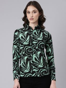 SHOWOFF - Women's Long Sleeves Spread Collar Printed Black Slim Fit Shirt