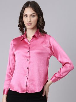 SHOWOFF - Women's Long Sleeves Spread Collar Solid Pink Slim Fit Shirt