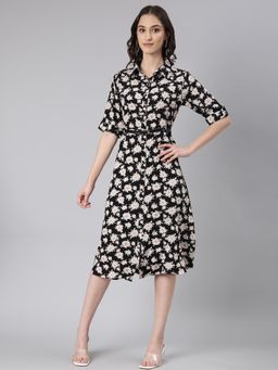 SHOWOFFFF - Women Shirt Collar Short Sleeves Shirt Floral Black Midi Dress (Set of 2)
