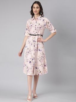 SHOWOFF - Women Shirt Collar A-Line Floral Pink Midi Dress (Set of 2)