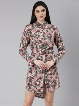 SHOWOFF - Women Shirt Collar Long Sleeves Shirt Floral Green Above Knee Dress (Set of 2)