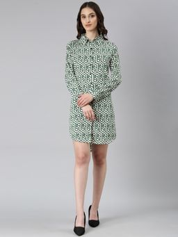 SHOWOFF - Shirt Collar Long Sleeves Shirt Geometric White And Green Above Knee Dress
