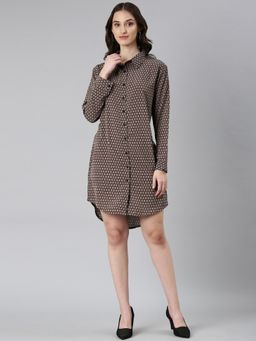 SHOWOFF - Women Shirt Collar Long Sleeves Shirt Geometric Coffee Brown Above Knee Dress