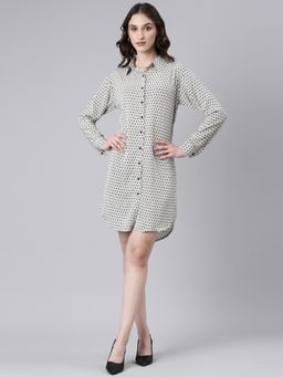 SHOWOFF - Women Shirt Collar Long Sleeves Shirt Geometric White Above Knee Dress