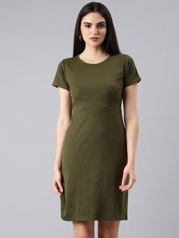 SHOWOFF - Women Round Neck Short Sleeves Bodycon Solid Olive Above Knee Dress
