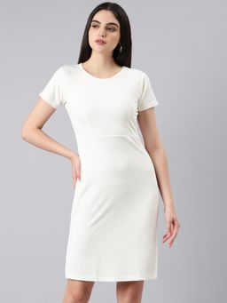 SHOWOFF - Women Round Neck Short Sleeves Bodycon Solid White Above Knee Dress