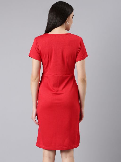 red bodycon knee length dress Red Bodycon Jersey Dress: 3/4 Sleeve Knee Length Autumn Dress
