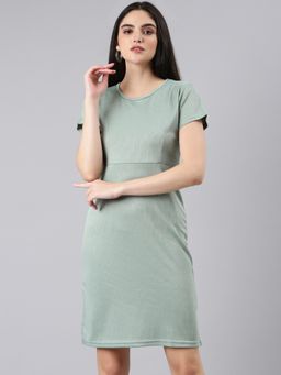 SHOWOFF - Women Round Neck Short Sleeves Bodycon Solid Sea Green Knee Length Dress