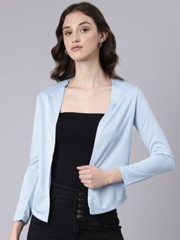 SHOWOFFFF - Women Textured Long Sleeves Regular Straight Open Front Blue Shrug