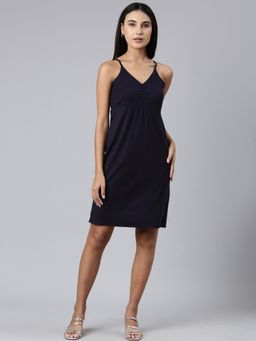 SHOWOFF - Women V-Neck Sleeveless Bodycon Solid Navy Blue Above Knee Dress