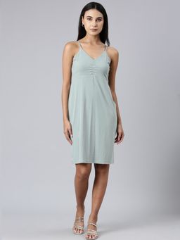 SHOWOFF - Women V-Neck Sleeveless Bodycon Solid Sea Green Above Knee Dress