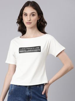 SHOWOFF - Women Short Sleeves Boat Neck Typography Slim Fit Off White Regular T-Shirt