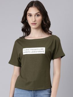 SHOWOFF - Women Short Sleeves Boat Neck Typography Slim Fit Olive Regular T-Shirt