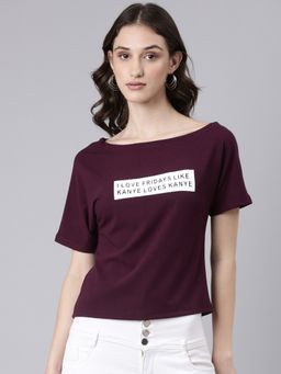 SHOWOFFFF - Women Short Sleeves Boat Neck Typography Slim Fit Purple Regular T-Shirt