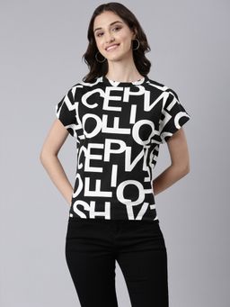 SHOWOFFFF - Women Short Sleeves Round Neck Typography Boxy Black Regular T-Shirt