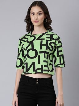 SHOWOFF - Women Short Sleeves Round Neck Typography Boxy Green Crop T-Shirt