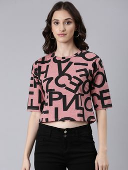 SHOWOFF - Women Short Sleeves Round Neck Typography Boxy Mauve Crop T-Shirt