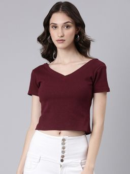 SHOWOFF - Women Short Sleeves V-Neck Solid Slim Fit Maroon Crop T-Shirt