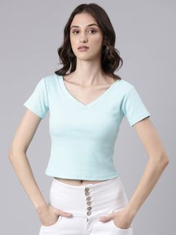 SHOWOFF - Women Short Sleeves V-Neck Solid Slim Fit Turquoise Blue Crop T-Shirt