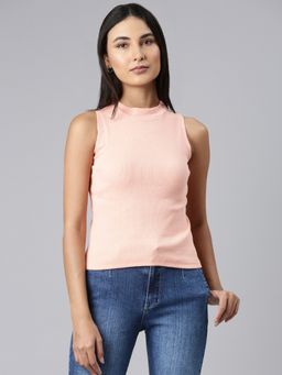 SHOWOFFFF - Women Sleeveless Mandarin Neck Solid Slim Fit Peach Regular T-Shirt