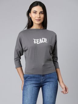 SHOWOFFFF - Women Three Fourth Sleeves Round Neck Typography Slim Fit Grey Regular T-Shirt