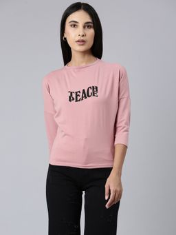 SHOWOFF - Women Three Fourth Sleeves Round Neck Typography Slim Fit Mauve Regular T-Shirt