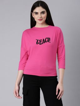 SHOWOFFFF - Women Three Fourth Sleeves Round Neck Typography Slim Fit Pink Regular T-Shirt