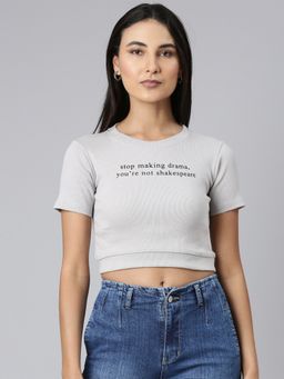 SHOWOFF - Women Short Sleeves Round Neck Typography Slim Fit Grey Crop T-Shirt