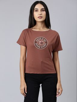 SHOWOFFFF - Women Short Sleeves Boat Neck Typography Slim Fit Brown Regular T-Shirt