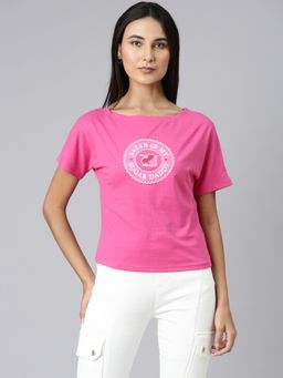 SHOWOFF - Women Short Sleeves Boat Neck Typography Slim Fit Pink Regular T-Shirt