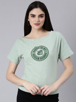 SHOWOFFFF - Women Short Sleeves Boat Neck Typography Slim Fit Sea Green Regular T-Shirt