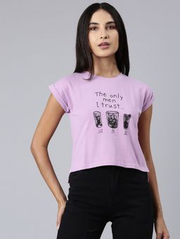 SHOWOFF - Women Short Sleeves Round Neck Typography Slim Fit Lavender Regular T-Shirt