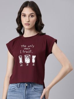 SHOWOFF - Women Short Sleeves Round Neck Typography Slim Fit Maroon Regular T-Shirt