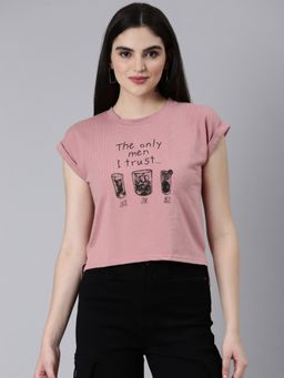 SHOWOFF - Women Short Sleeves Round Neck Typography Slim Fit Peach Regular T-Shirt