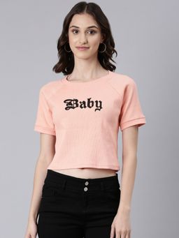 SHOWOFF - Women Short Sleeves Round Neck Typography Boxy Peach Crop T-Shirt