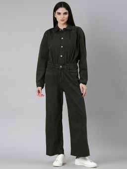 SHOWOFF - Women Solid Shirt Collar Long Sleeves Olive Basic Jumpsuit