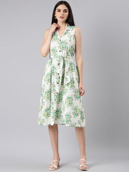 SHOWOFF - Women Shirt Collar Sleeveless A-Line Floral White Knee Length Dress