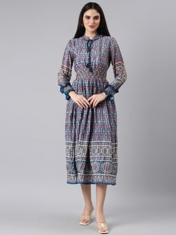 SHOWOFF - Women Tie-Up Neck Long Sleeves Fit And Flare Printed Blue Midi Dress