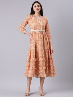 SHOWOFF - Women Round Neck Three Fourth Sleeves A-Line Paisley Print Orange Midi Dress