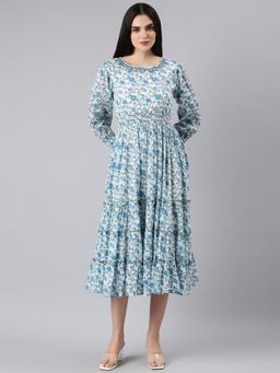 SHOWOFF - Women Round Neck Long Sleeves A-Line Floral Blue Midi Dress